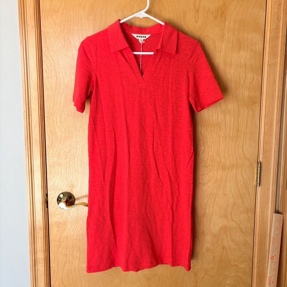 Boden Polo Dress Womens US 0R Red Slub Cotton Short Sleeve V-Neck Mini NEW
